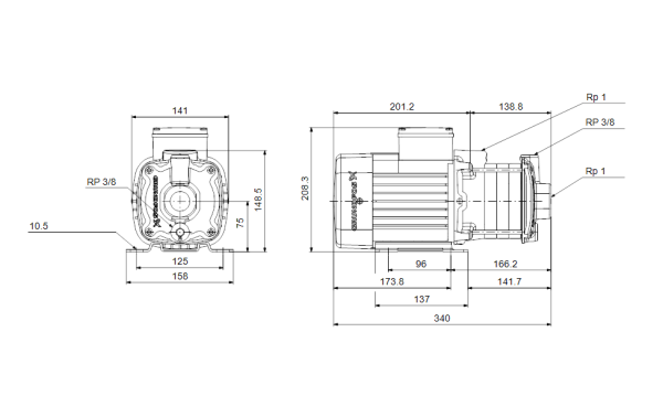 Masszeichnung 1 Grundfos Gartenpumpe CM